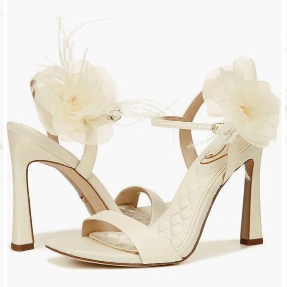 SAM EDELMAN 8.5Leana Ankle Strap Sandal Feathered Floral square toe Slip on Heel - Picture 7 of 8